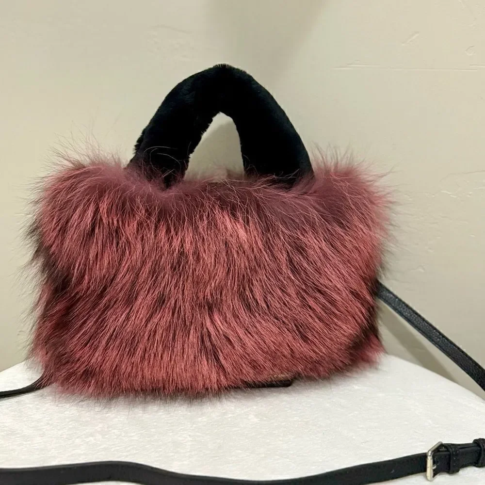 Maroon Handmade Dyed Real Fox Fur Bag With Fur Handle Includes 2 Strap Styles